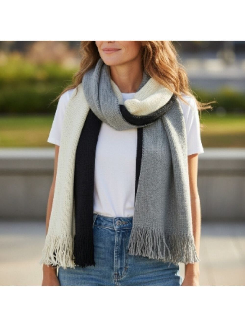 DONNI Black Gray Cream Knit Scarf #SCA8